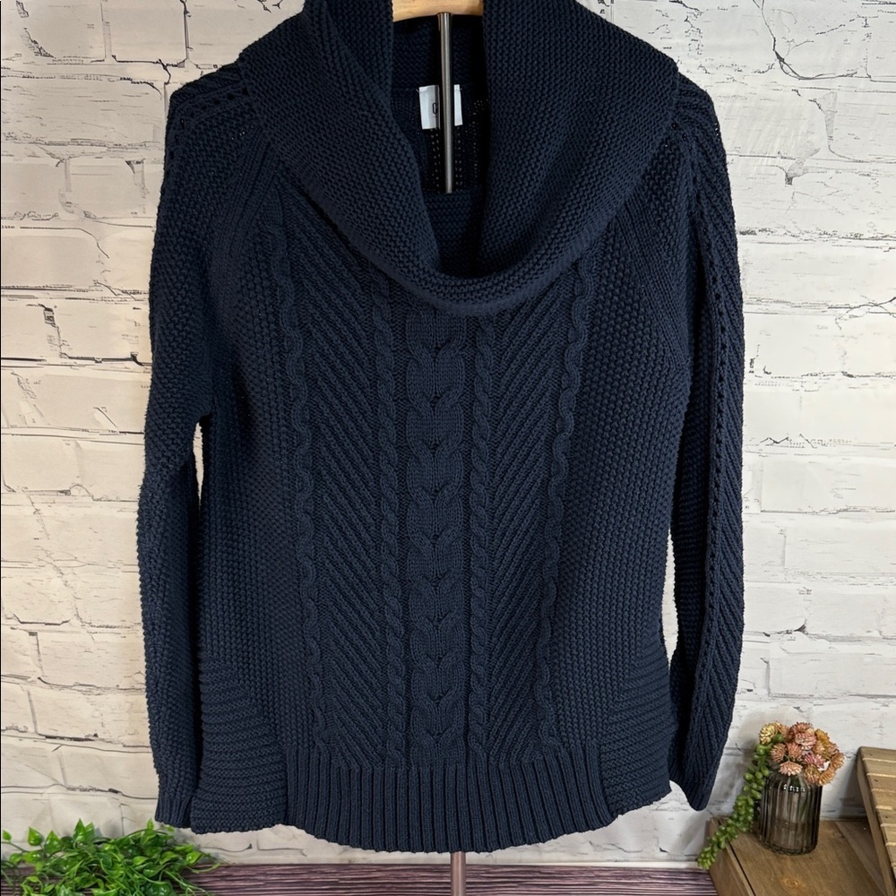 CAbi Dark Blue Cowl Neck Sweater Oversized Comfy Cozy Cable Popcorn knit